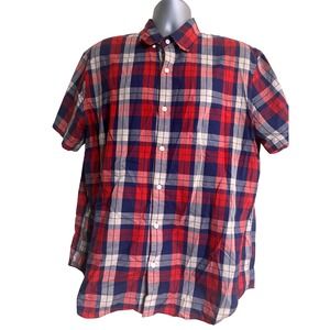J.Crew Mens XL Short Sleeve Button Down Shirt Red Navy Blue White Plaid Check A8